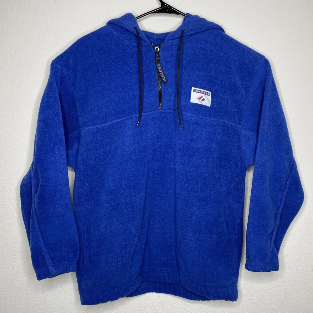 JERZEES Mens Sz M Blue Thick Fleece Hooded Pullover Chest Logo Long Sleeve EUC